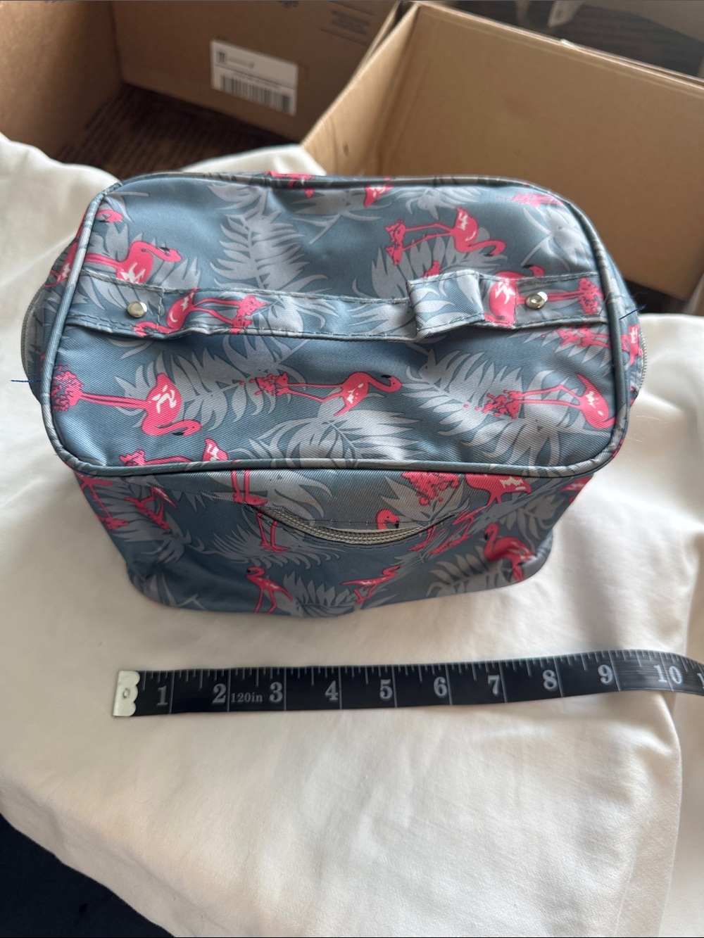 Gray Travel Cosmetic Bag with Pink Flamingo Print